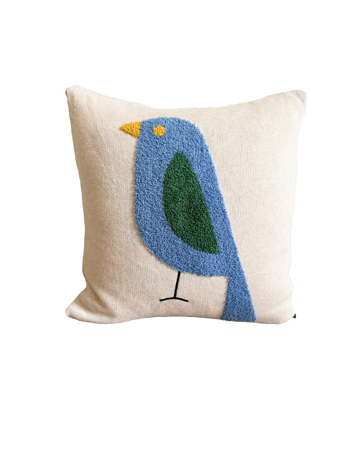 Birdy Pillow Blue, soft cotton knit with punchneedle embroidery,Available April 1.st