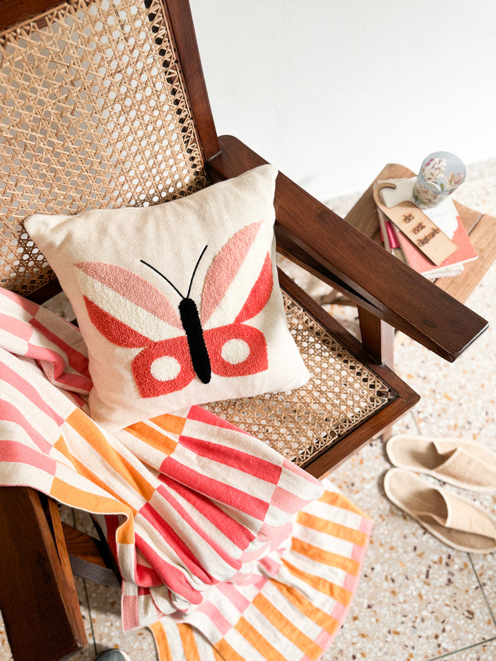 Butterfly Pillow Pink, soft cotton knit with punchneedle embroidery. Available April 1.st