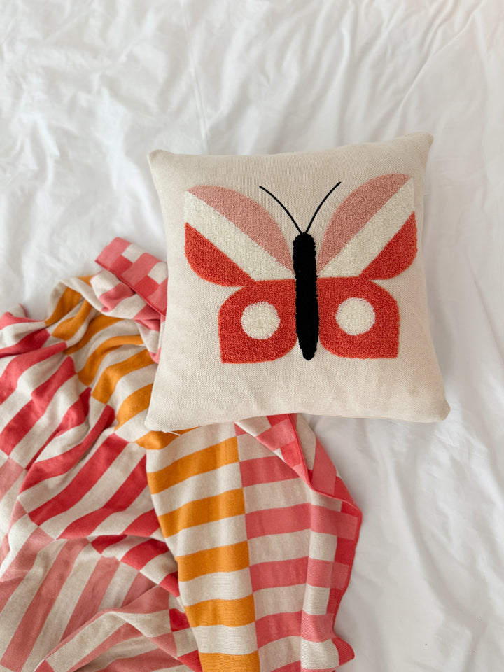 Butterfly Pillow Pink, soft cotton knit with punchneedle embroidery. Available April 1.st