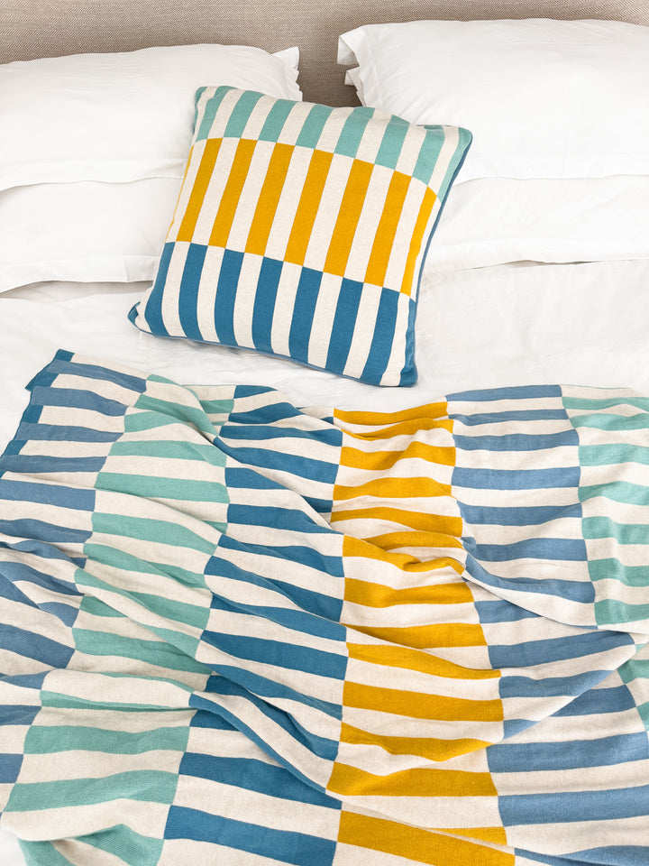 Mojo Blanket Blue, Soft Jacquard Knitted Cotton. Available April 1.st