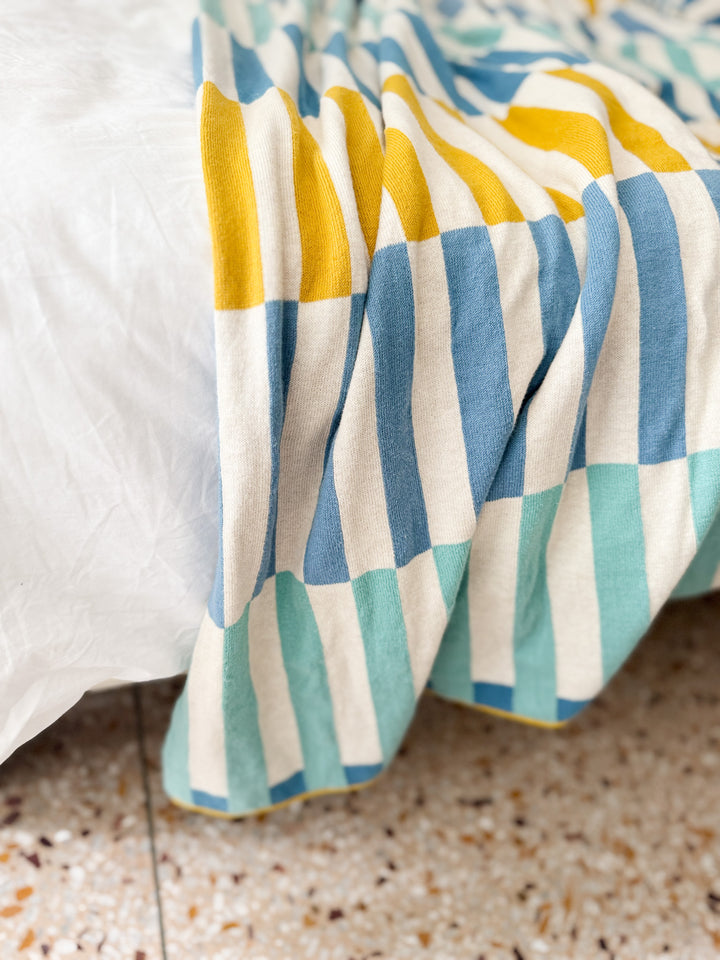 Mojo Blanket Blue, Soft Jacquard Knitted Cotton. Available April 1.st