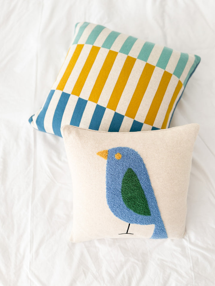 Birdy Pillow Blue, soft cotton knit with punchneedle embroidery,Available April 1.st