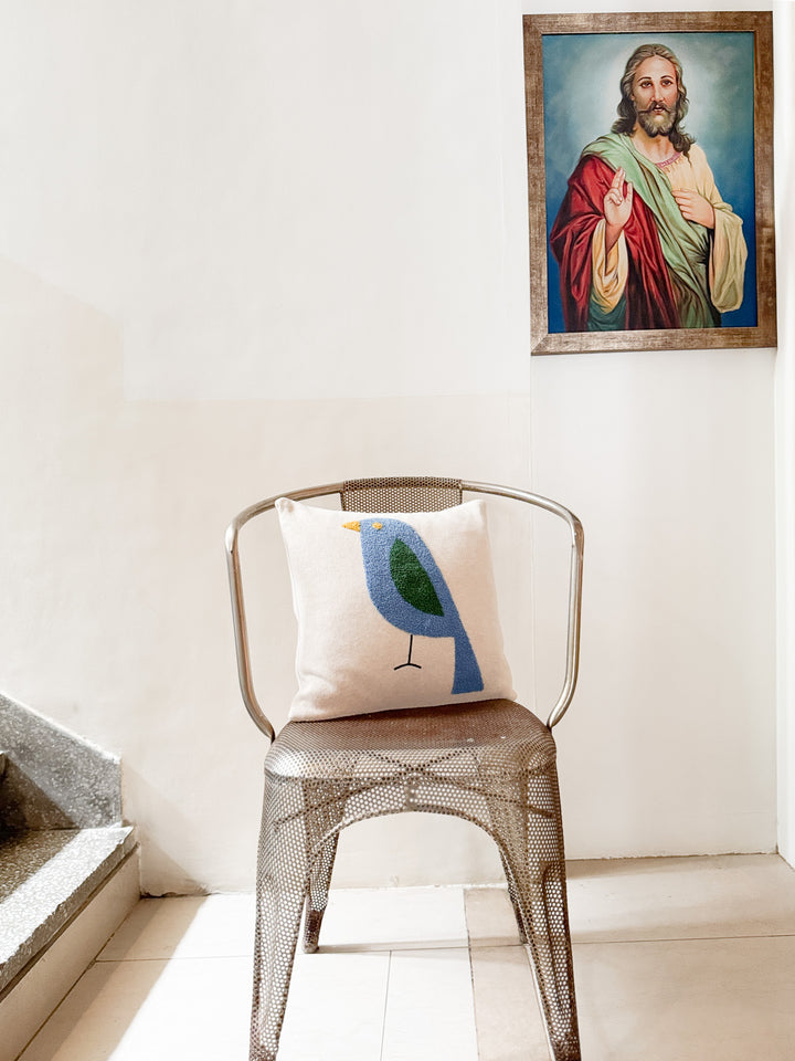 Birdy Pillow Blue, soft cotton knit with punchneedle embroidery,Available April 1.st