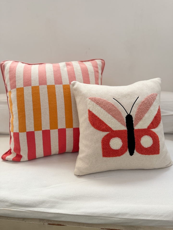 Butterfly Pillow Pink, soft cotton knit with punchneedle embroidery. Available April 1.st