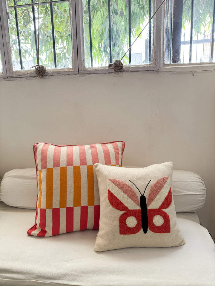 Butterfly Pillow Pink, soft cotton knit with punchneedle embroidery. Available April 1.st