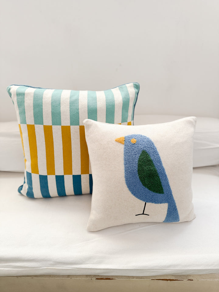 Birdy Pillow Blue, soft cotton knit with punchneedle embroidery,Available April 1.st