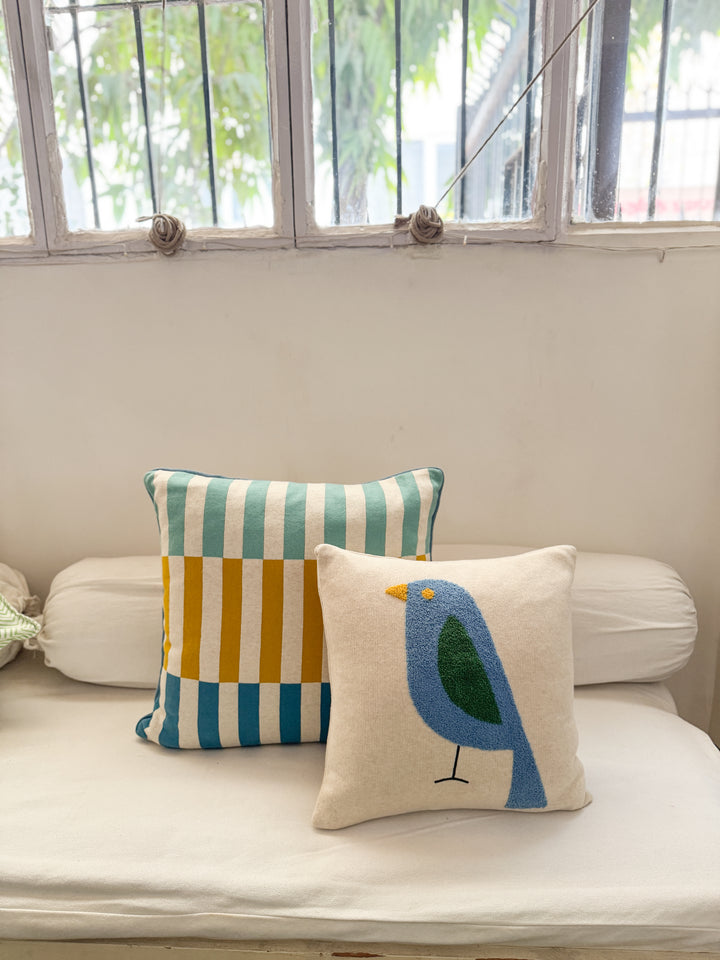 Birdy Pillow Blue, soft cotton knit with punchneedle embroidery,Available April 1.st