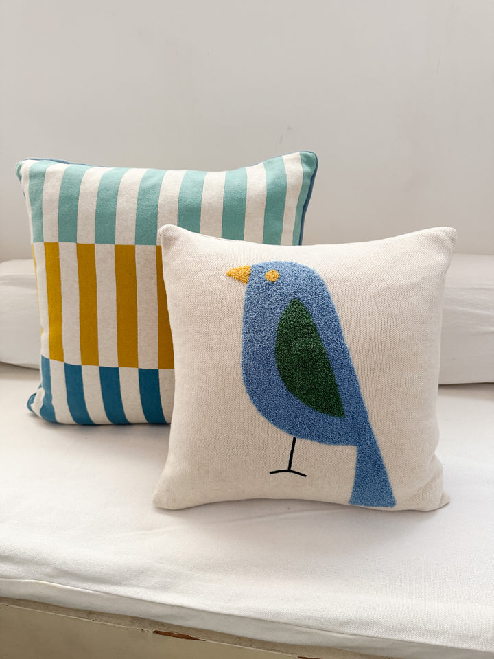 Birdy Pillow Blue, soft cotton knit with punchneedle embroidery,Available April 1.st