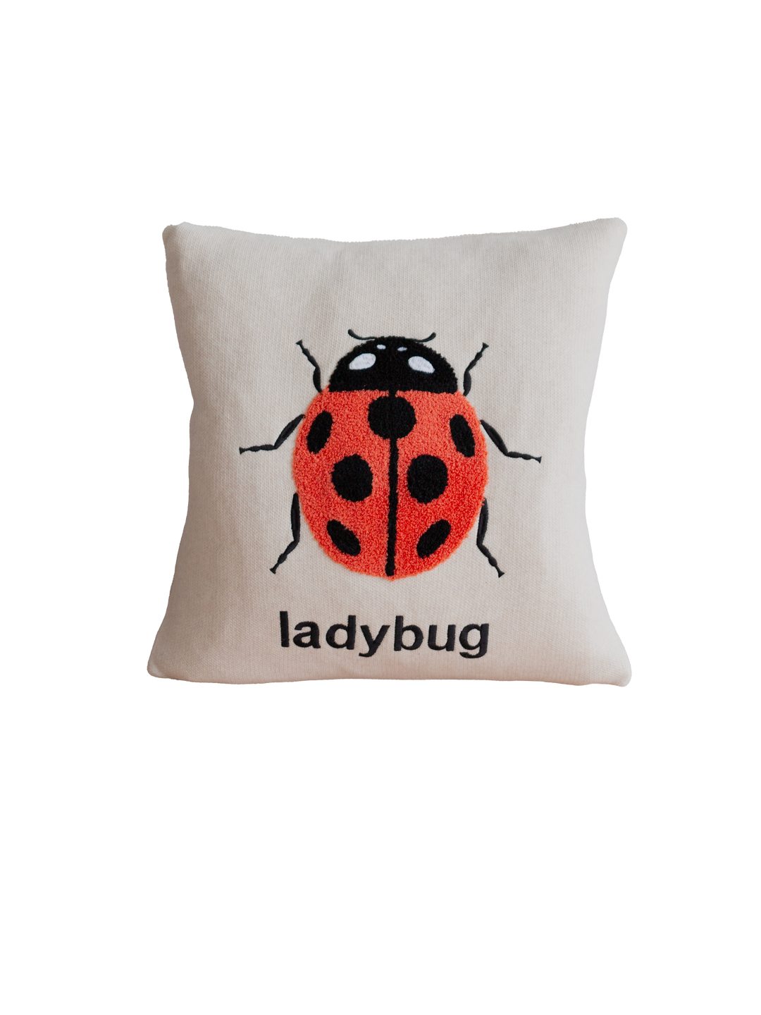 Ladybird Pillow Red, soft cotton knit with punchneedle embroidery