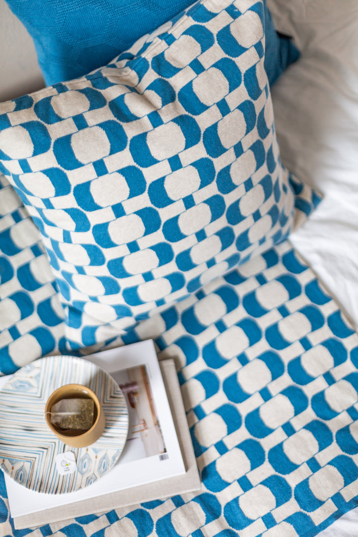Edith Blanket Blue, Soft Jacquard Knitted Cotton