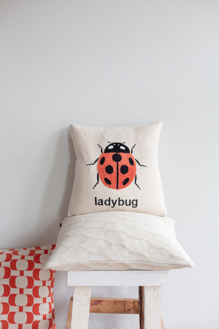 Ladybird Pillow Red, soft cotton knit with punchneedle embroidery