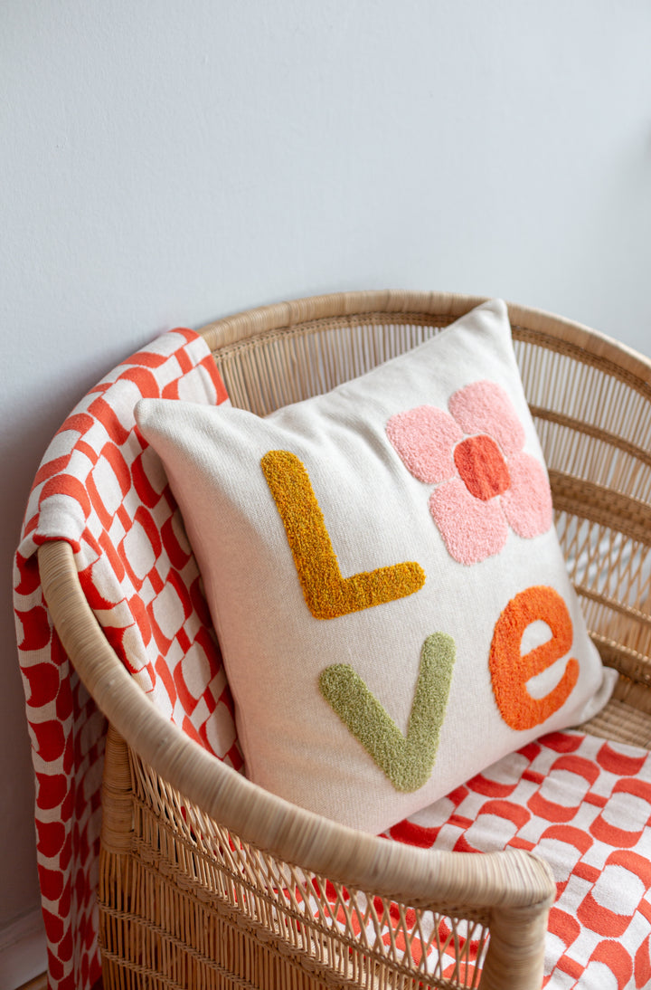 Love Pillow- Cover Pink, soft cotton knit with punch needle embroidery