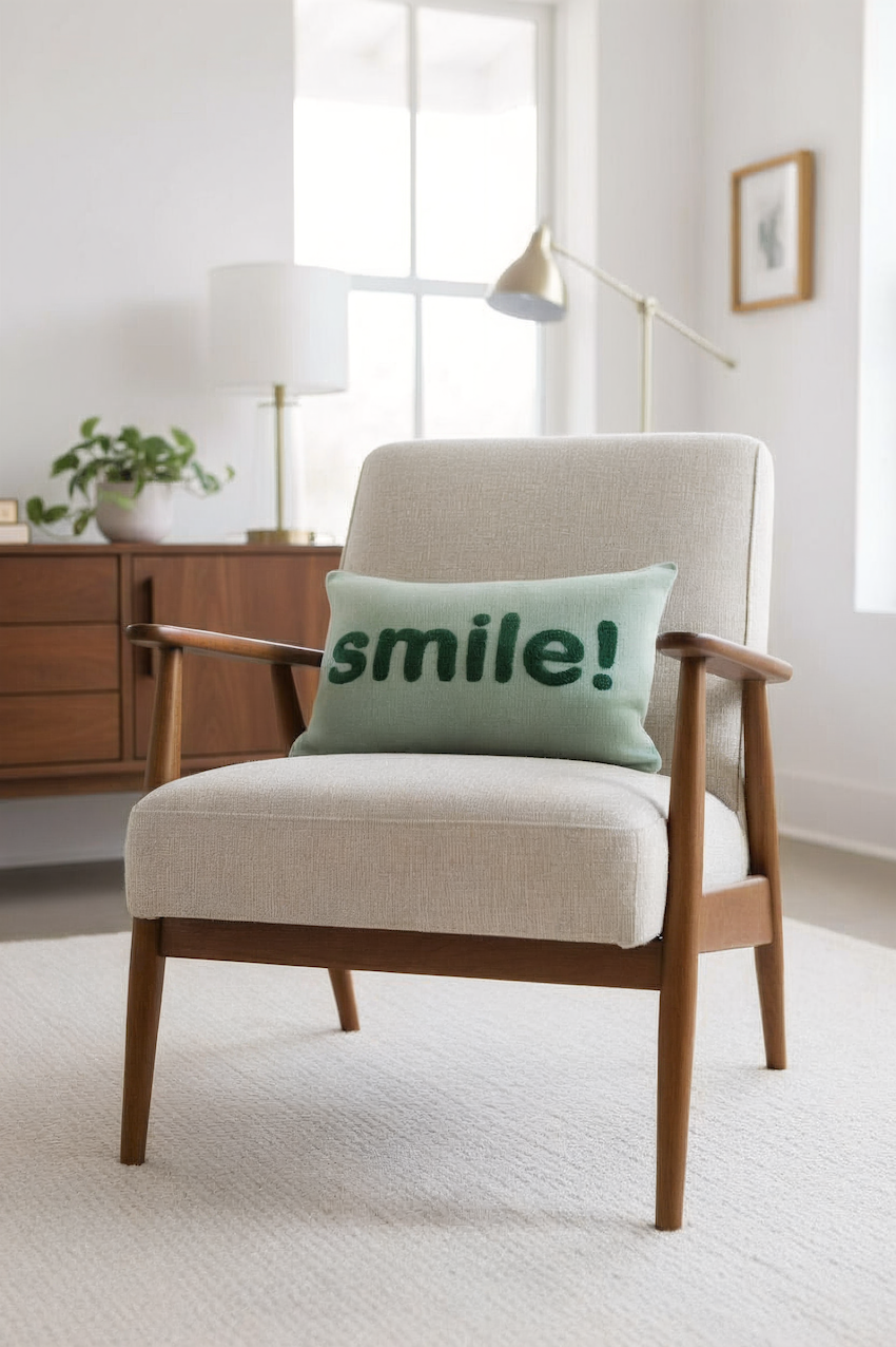 Smile Pillow Green, Punch Needle Embroidery